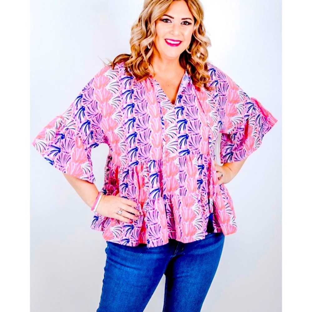 Simply Southern tassel blouse XL pink & blue. Looks like LILLY PULITZER. 🎀